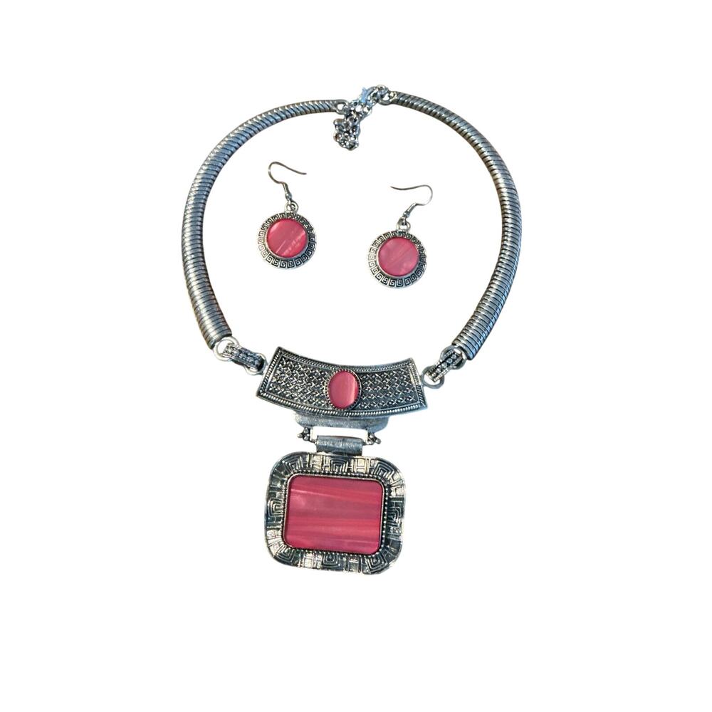 Silver Tone Chunky Statement Necklace‎ Set Pink Stone Pendant Boho
